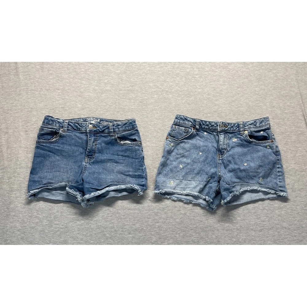 Cat & Jack Cut Off Shorts Girl XL Blue Denim Stretch Embroidered Floral Lot Of 2